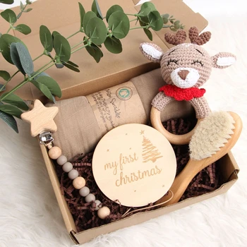 크로셰 동물 딸랑이 아기 출산 선물 세트, 럭셔리 맞춤형 모슬린 배넷저고리 담요, 신생아 베이비 샤워 선물 세트, 5 피스 