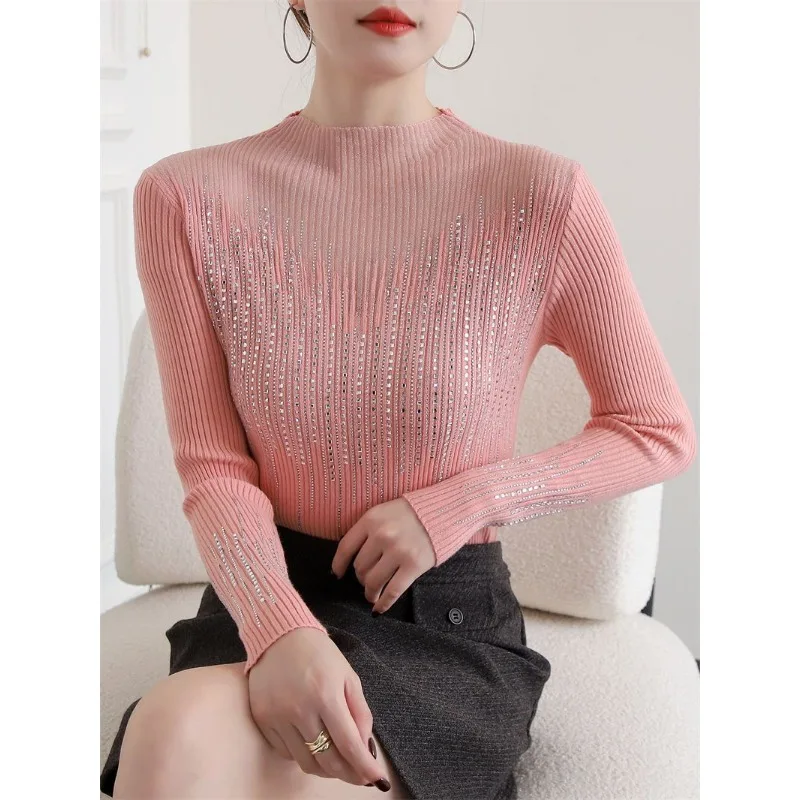 Maglione Hot Diamond Maglione a maniche lunghe cavo da donna Versatile camicia dimagrante con giunture in pizzo