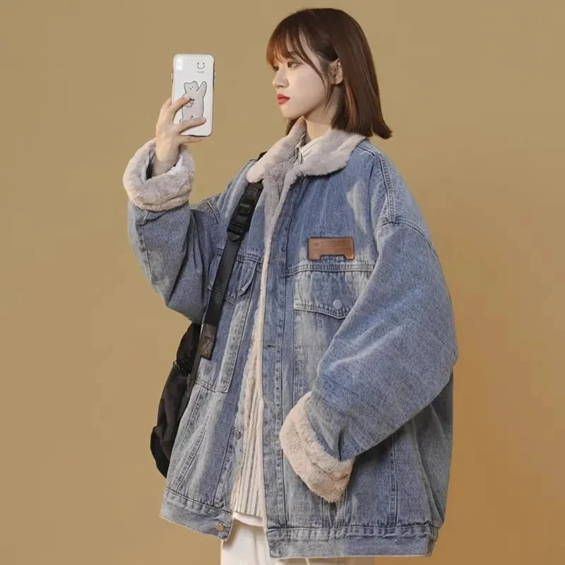 Women Denim Winter Coat Casual Loose Thicken Loose Denim Jackets Add Velvet Warm Padded Cotton Parkas Jacket Female W1074
