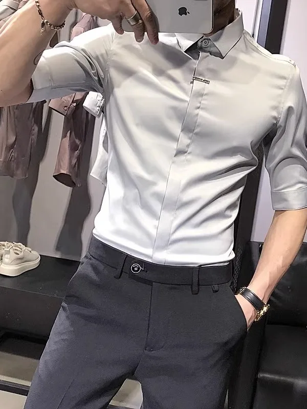 

Summer Slim Fit Men's Short Sleeve Shirt Trendy Youth Casual Style Button down Polyester Fiber No Iron Treatment Five-Quarter...