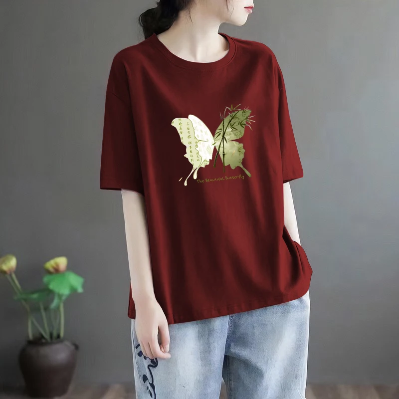 

Японский бренд: Женская футболка больших размеров с круглым вырезом, коротким рукавом, тонким принтом, базовая модель, летний сезон, повседневный свободный крой