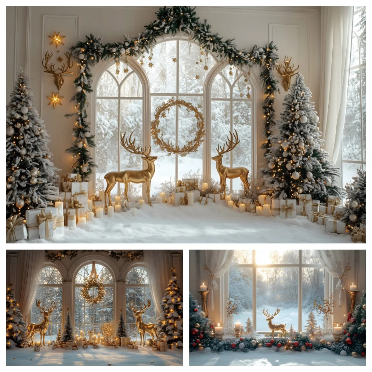 الشتاء الثلوج عيد الميلاد خلفية التصوير أوروبا قصر باب شجرة عيد الميلاد إكليل هدية الزفاف الزفاف الأسرة ديكور الحفلات الخلفية