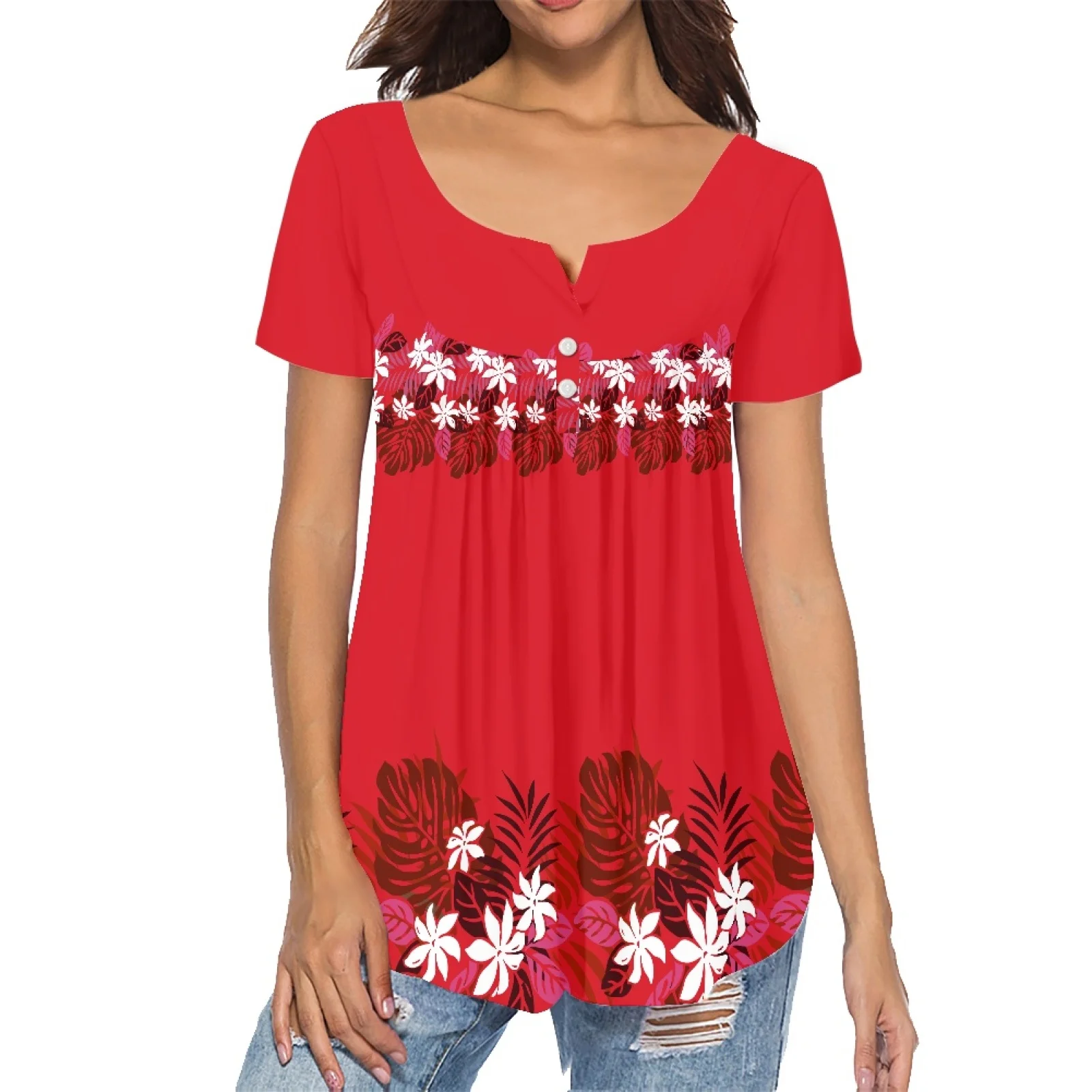 Summer Girl Trendy Shirt Island Wear Tattoo Print Polynesian Tribal Luxury Ladies Sexy V-neck Top Ladies Pleated Buckle Shirt