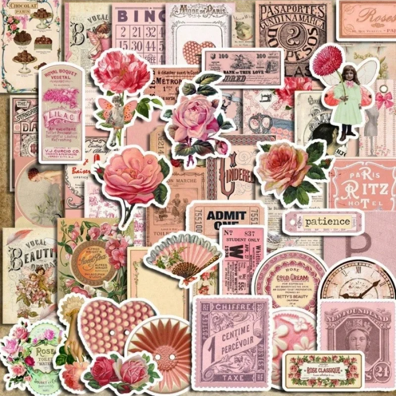 50pcsVintage Pink Journal Stickers Plant Flowers Country Pastoral Style Stamps Computer Notebook Phone Decoration Stickers