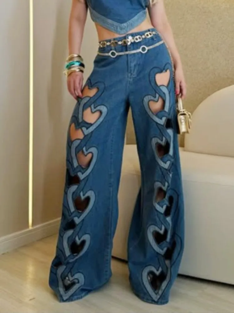 Beautyblue-pantalones vaqueros elegantes con agujeros para mujer, Vaqueros holgados de cintura alta, parte inferior de pierna ancha Y2k, color azul, otoño