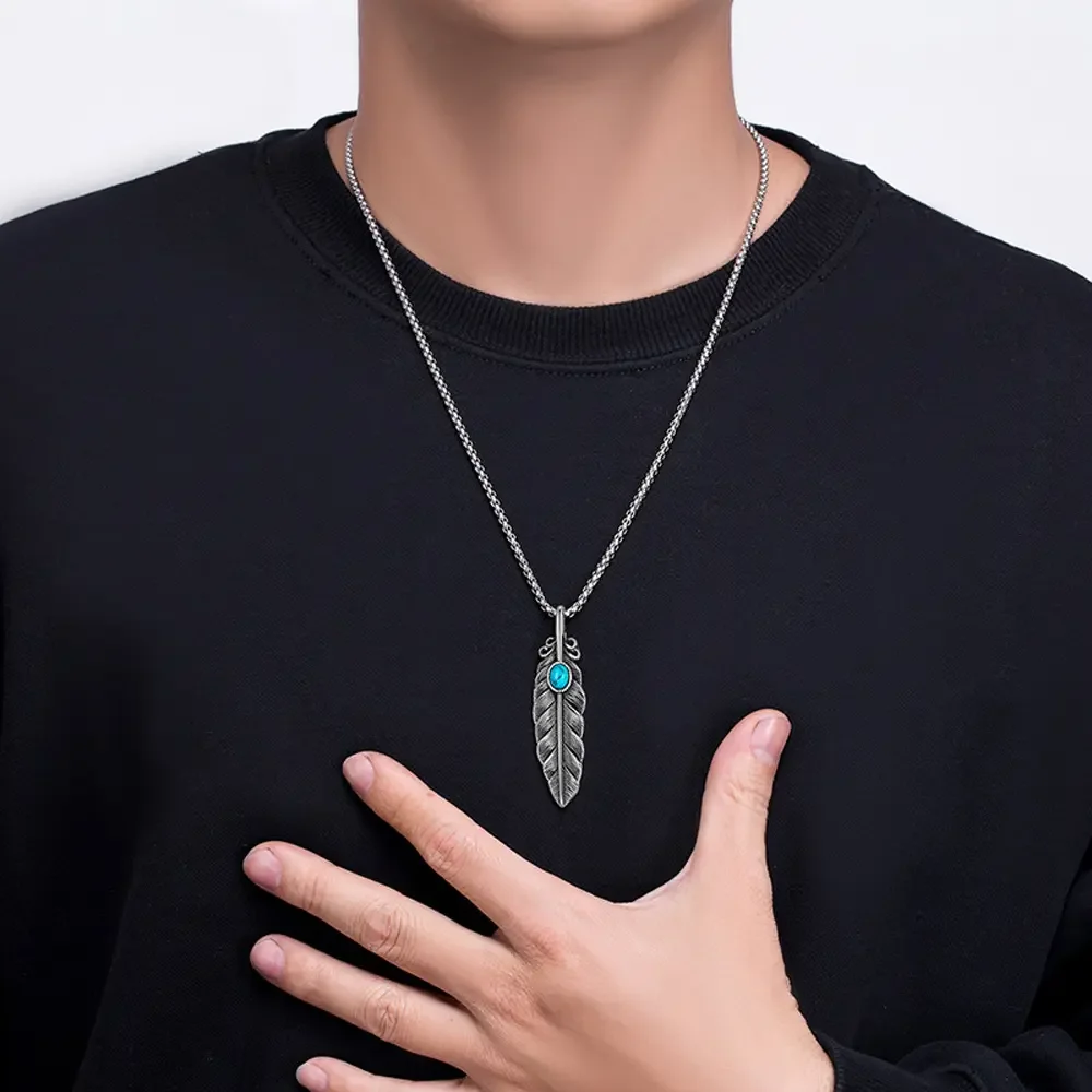 GulCean Women's Turquoise Feather Necklace - 2.62*0.67in Vintage Silver Pendant, 23.6in Titanium-316 Stainless Steel Chain, Non-Tarnish Affordable Fashion Bohemian Freedom Spiritual Jewelry Gift Accessory, Turquoise Stone, Bohemian Jewelry, Turquoise Jewe