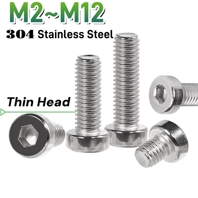 Beicai M2 M2.5 M3 M4 M5 M6 M8 M10 M12 304 Stainless Steel Hex Socket Cap Screw Thin Low Short Profile Allen Cap Bolt Screw