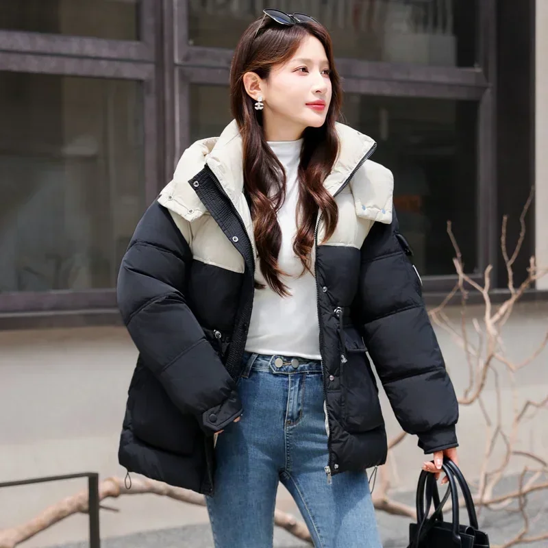 Contrast color Down Cotton-padded Jacket Women's Winter Parkas Short Outerwear Streetwear Thicken Oversize Loose Hooded Coats