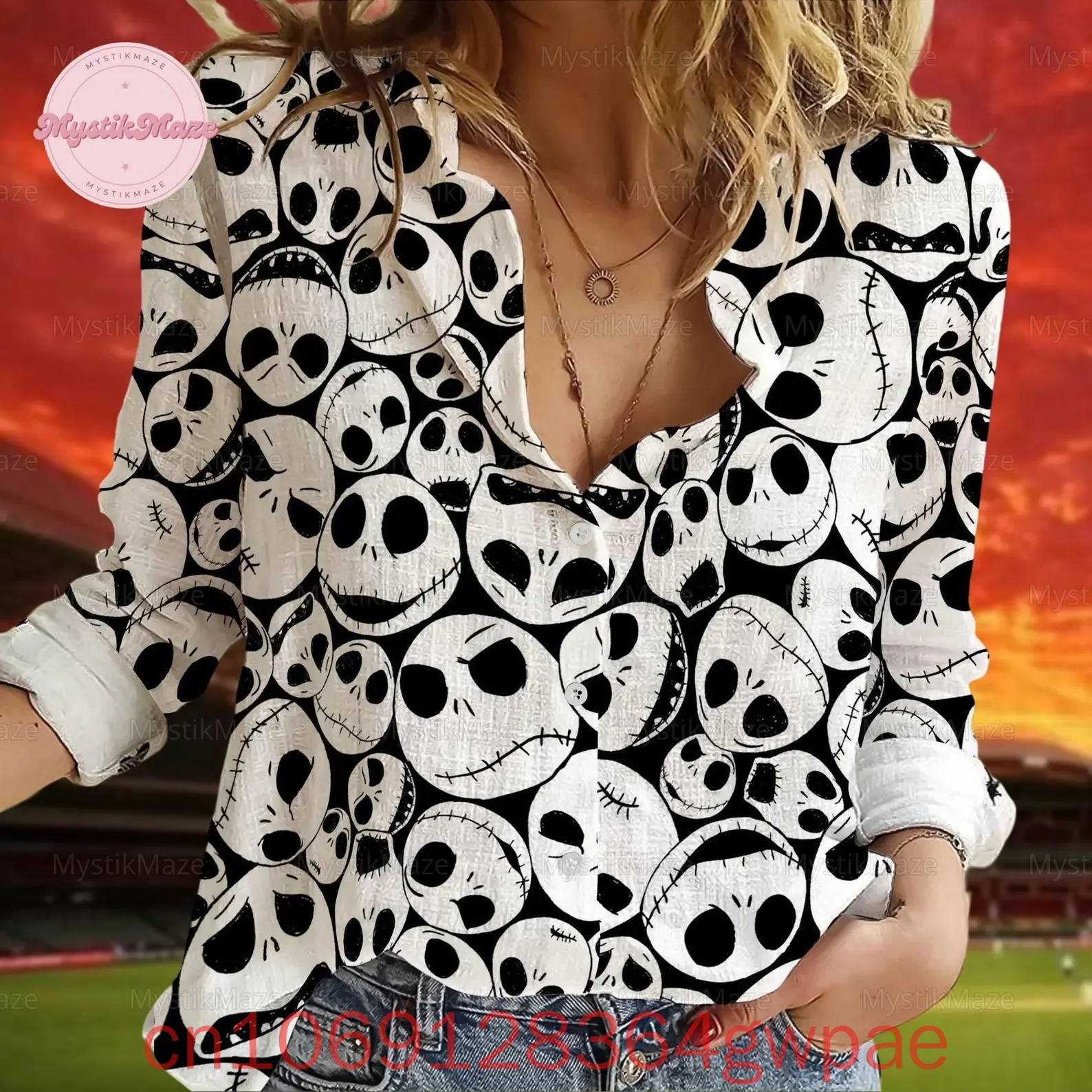 

Disney The Nightmare Before Women's Blouses Shirt Casual Button Up Long Sleeve Shirt Sally and Jack Skellington Shirts