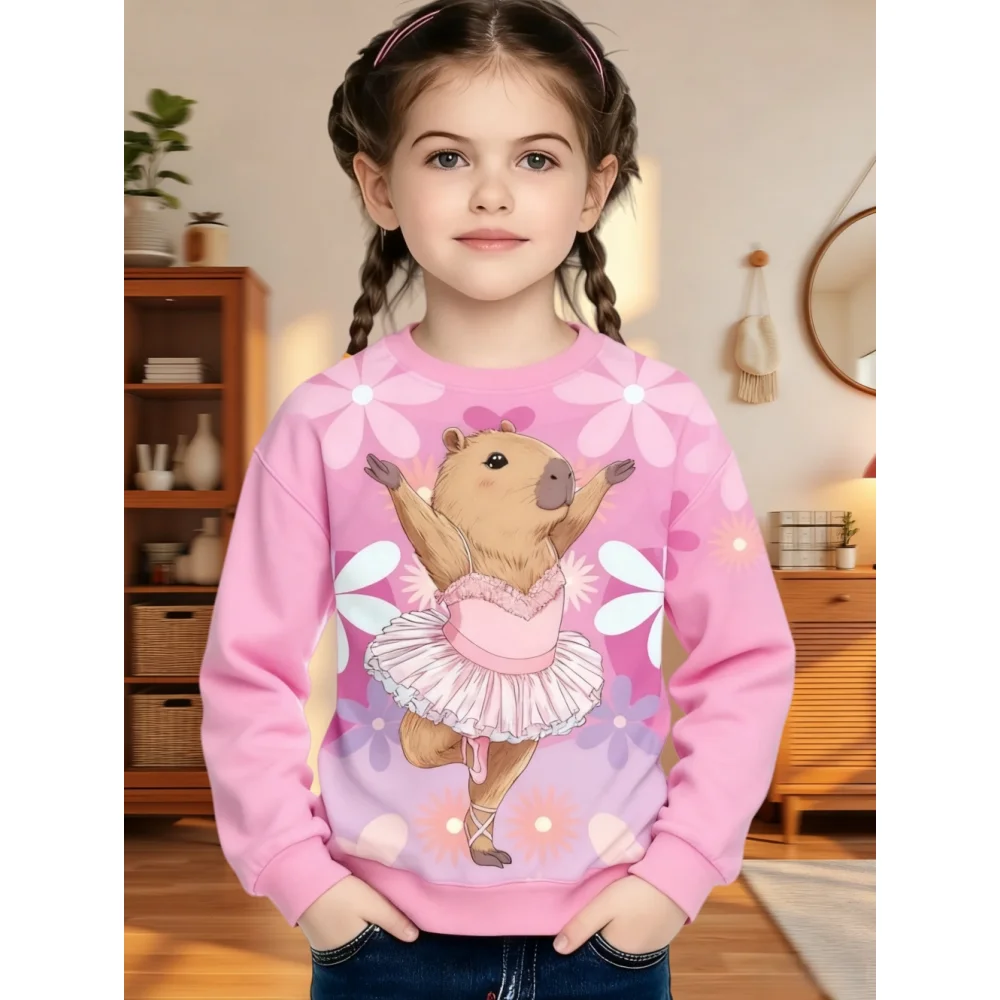 Capybara Sweatshirts Kawaii Cartoon Graphic Kids Hoodie Round Neck Girl Top Fashion Cute Animals Long Sleeve Children's Clothing