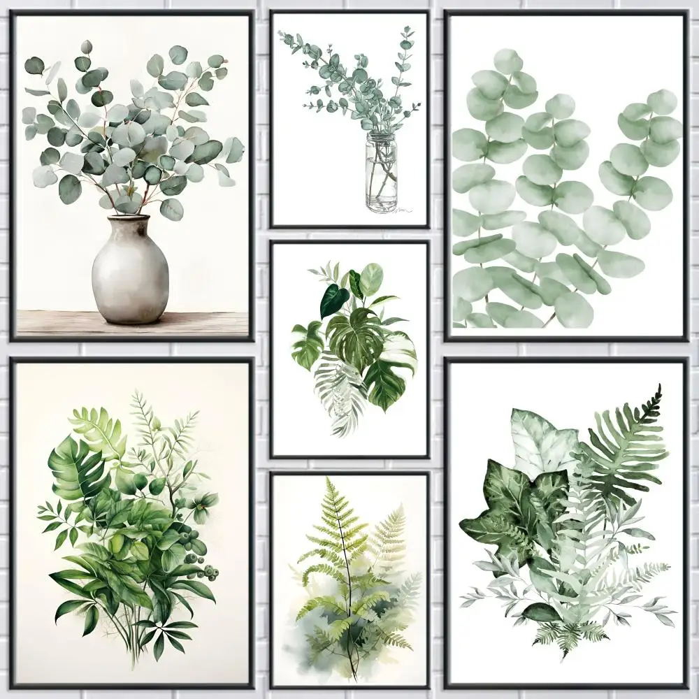 (No frame)Póster de Hojas Verdes Estilo Nórdico, Adhesivos de Pared Modernos y Elegantes para Decoración del Hogar, Sala de E