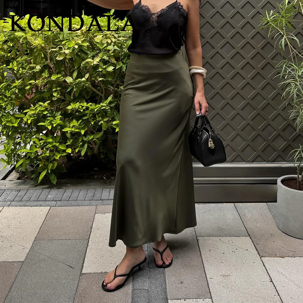 KONDALA 2026 Spring Summer Brown Satin Women Skirts Chic Elegant Prom Ladies Skirts Valentine‘s Day Beach Party Girls Skirts