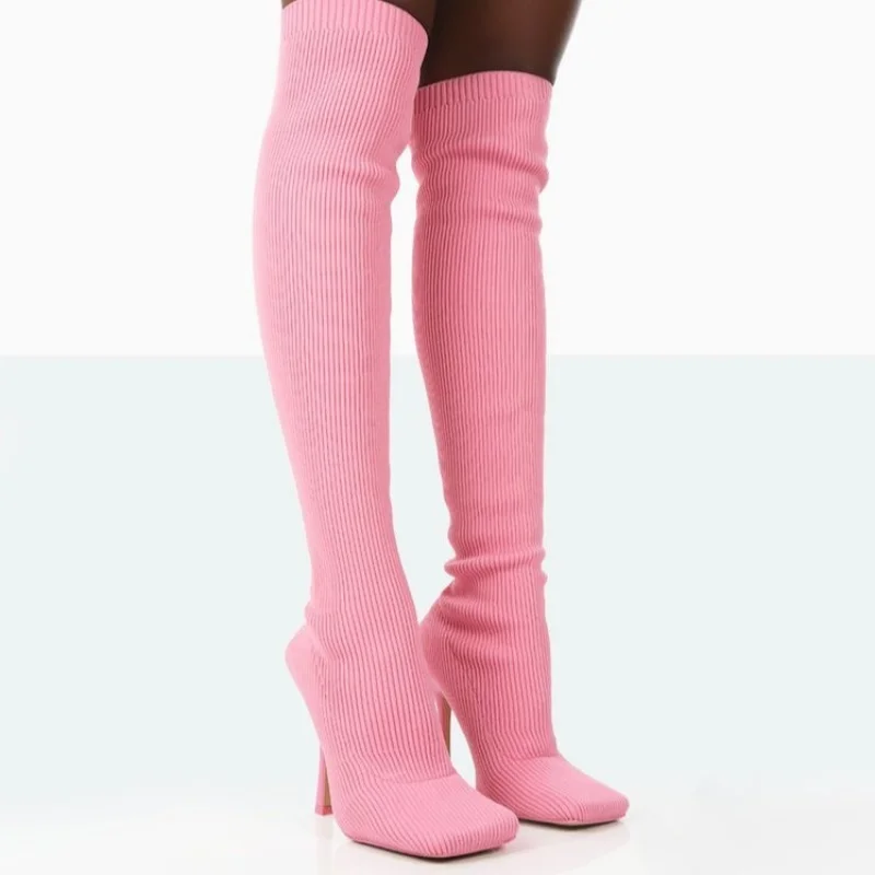 Stivali alti al ginocchio elastici lavorati a maglia rosa punta quadrata tacco a spillo Slip On stivali scarpe invernali da donna abito da festa