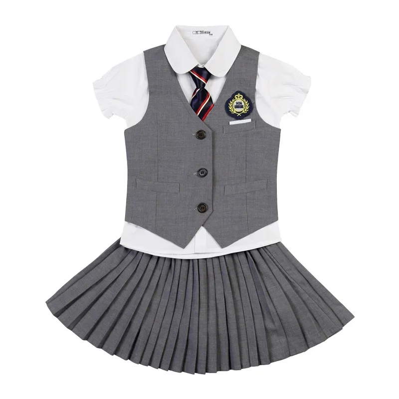 Kinder Koreaans Schooluniform Jongens Meisjes Geplooid Rok Vest Top Kids Performance Kleding Set Podium Dragen Studentenuniform Outfit