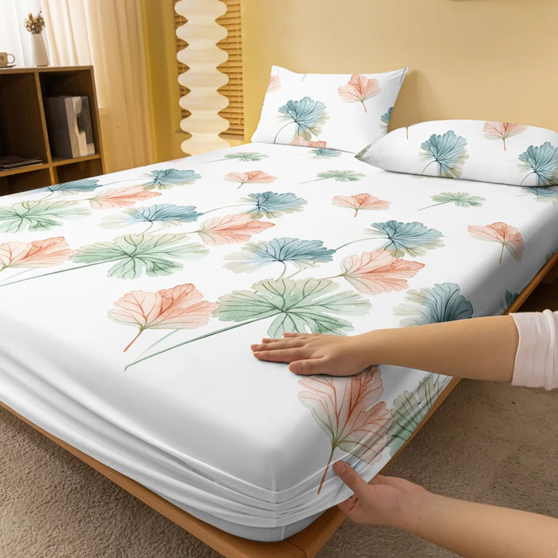 1 Simple modern Plant leaves printed matte Fitted Sheet, bedroom printed bed cover, bedding (excluding pillowcases)