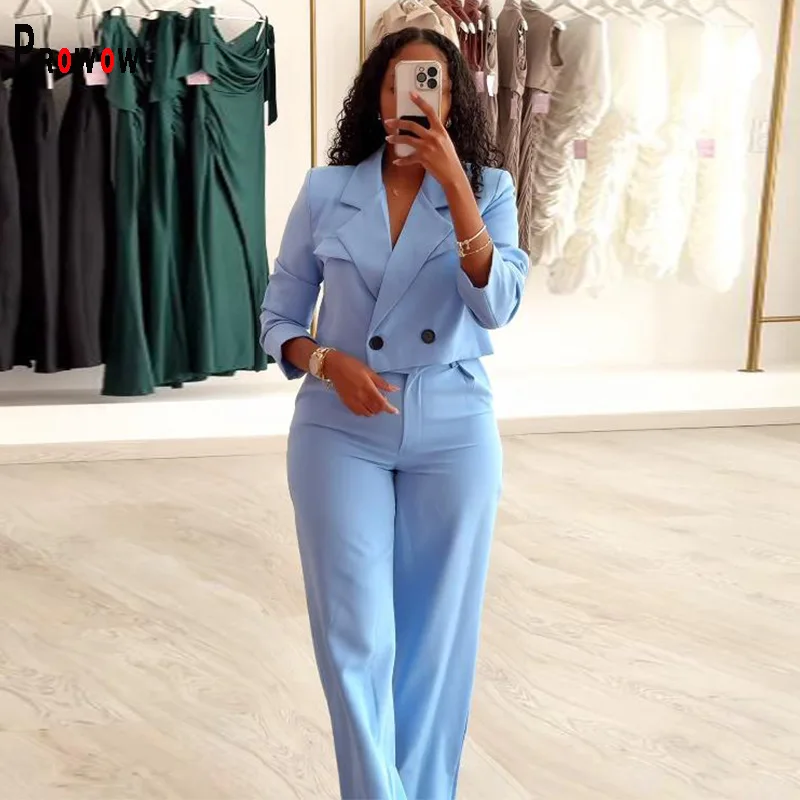 Prowow Two Piece Office Lady Suits Solid Color Fashion Cropeed Brazers Wide Leg Pant Spring Fall Women's Clothing Set Slim Fit