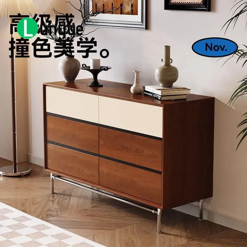 Nordic Retro Solid Wood Six Drawer Cabinet Simple Color Matching Storage Locker for Living Room Dining Room Against the Wall