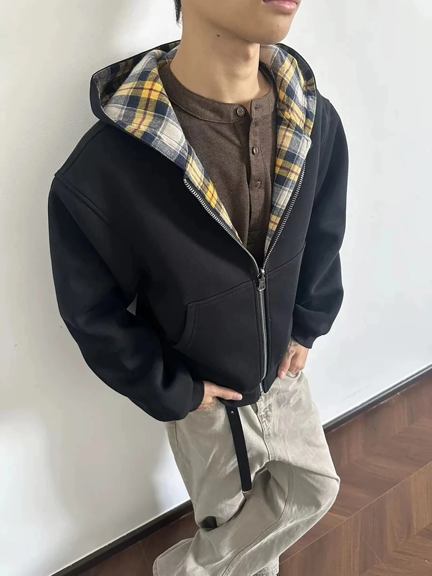 

Autumn Winter Hooded Plaid Sweatirt Men's American Trendy Miu Series Air Layered Double-Sided Wear Jaet Casual Streetwear