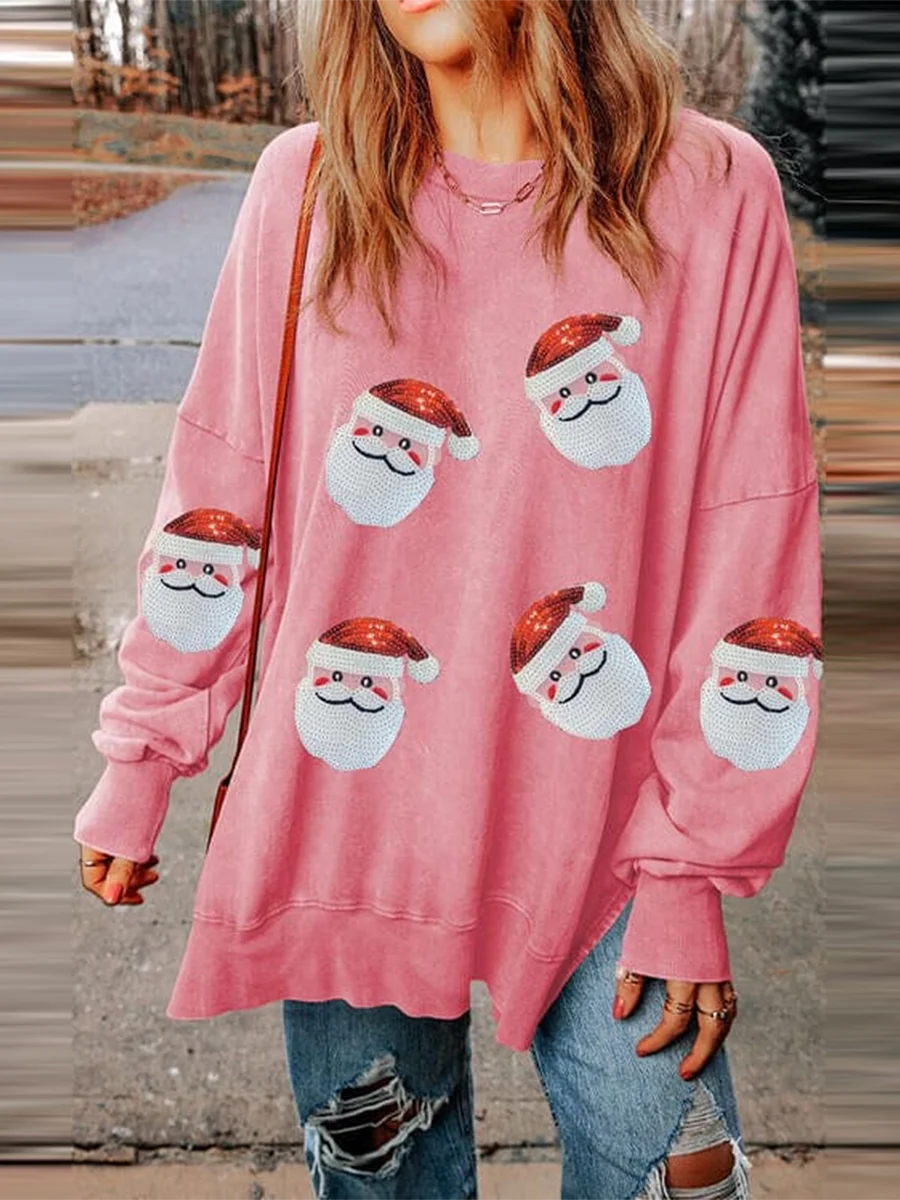 Nueva moda mujer Navidad sudaderas sueltas lentejuelas Santa cuello redondo manga larga jerseys Otoño Invierno Casual Tops S-XL