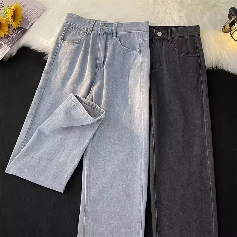 

Simple Straight Leg Men's Jeans High Waist Wide Leg Pants Casual Pure Color Summer Trendy Brand Loose Fit High Street Sle