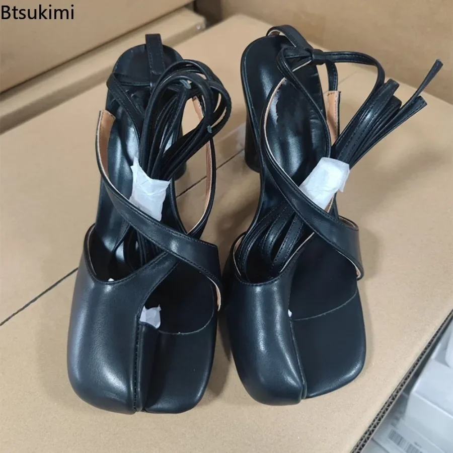 2025 Mode Nieuwe Matte Lederen Tabi Sandalen voor Vrouwen Zomer Lace Up Open Teen Hoge Hak Sandalen Nieuwigheid Ontwerp Chic Vrouwen Schoenen