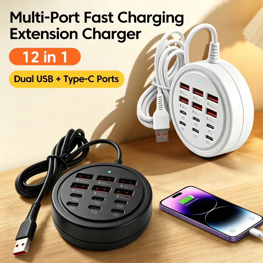 Elough 6 USB 6 PD  Fast Charging Socket USB Charger Expander Type C Power Adapter For iPhone 1.2M extension cable