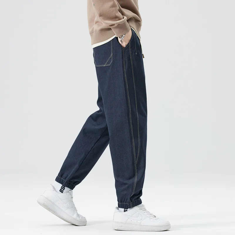 Denim Men's Jeans Jogging  Fashion Drawstring Black Blue Stretched Cotton Jogger Pants Male Casual Harem Jean Trousers male