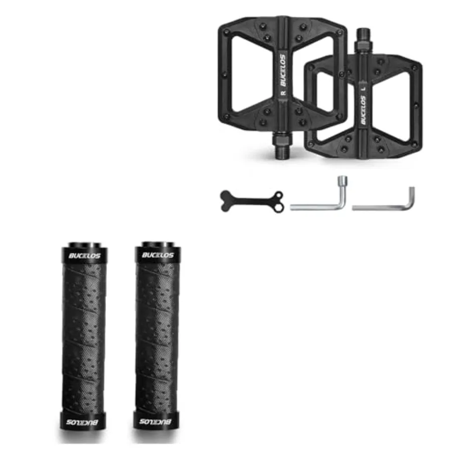 

Bike Handlebar Grips Double Lock on Bicycle Handle Bar and MTB Flat Nylon Bicycle Pedal with Large Platform -Non-Slip Colorful