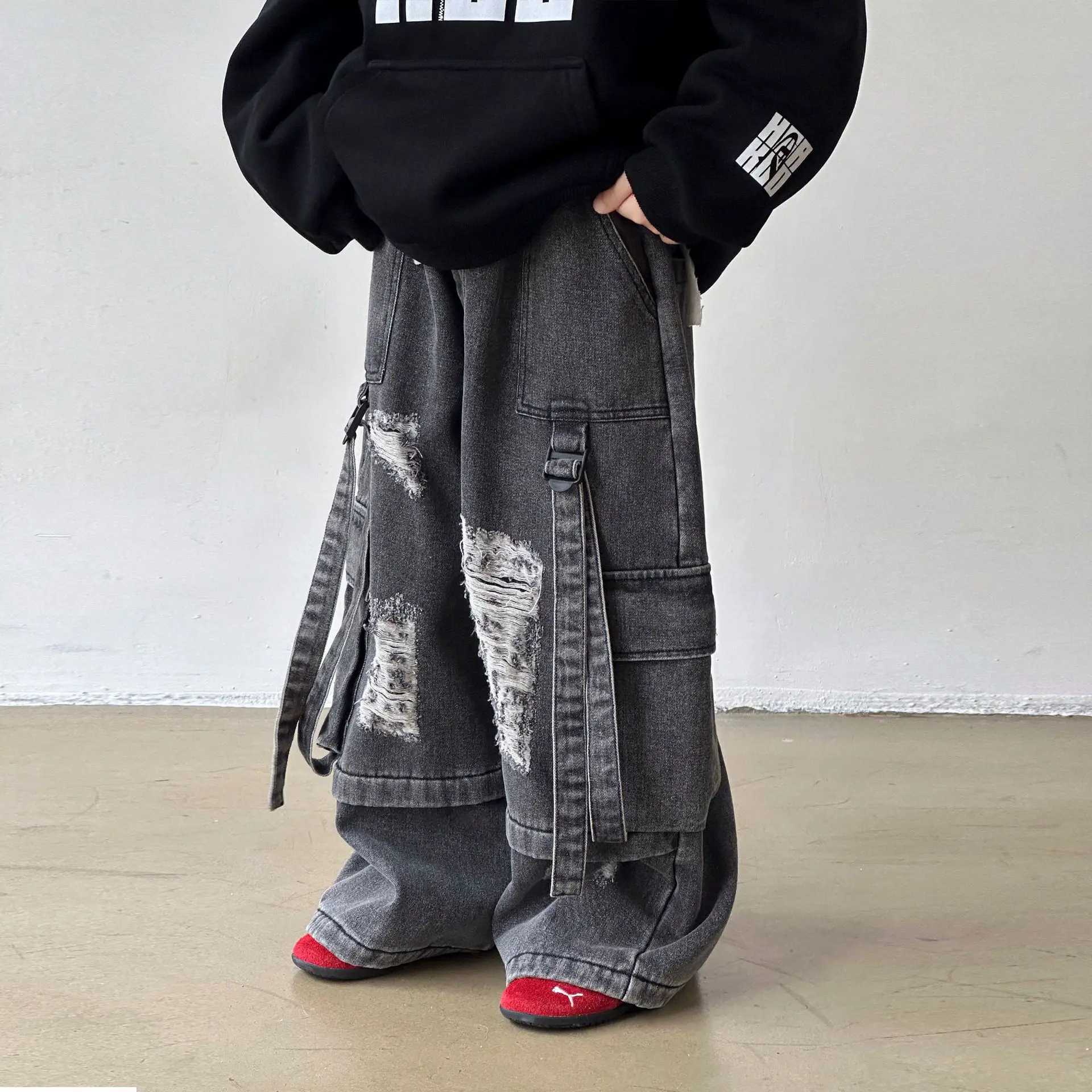 

Children's Casual Fashionable Trendy and Cool Pants Autumn and Winter New Styles Perforated and Thickened Pants