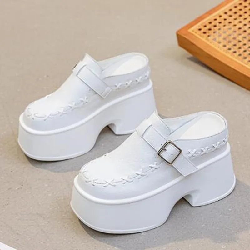 

New 11CM Women Genuine Leather High Brand Platform Wedge Flats 2026 Summer Chunky Sneakers Slippers Comfy Peep Toe Fashion Shoes