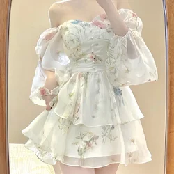 French Elegant Floral Mini Dress Chiffon Long Sleeve Evening Party Dress French Women Beach Boho Fairy Dress Korean 2024 Robes