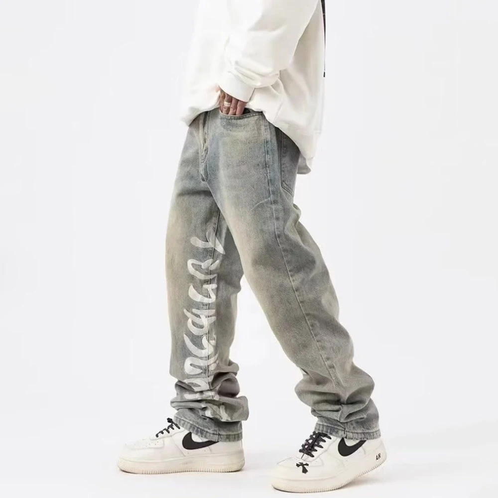 Jeans Men Streetwear Baggy Trousers Casual 2024 New Fashion Y2k Letter Graphic Original Stacked Summer Vintage Denim Pants Loose