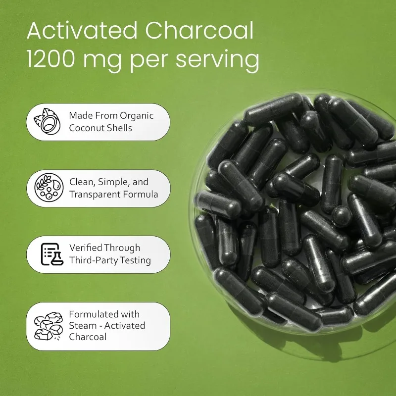 1200 Milligrams Per Serving of Activated Carbon -60 Vegetarian Capsules From Coconut Shells - Non GMO, Gluten Free, Vegan