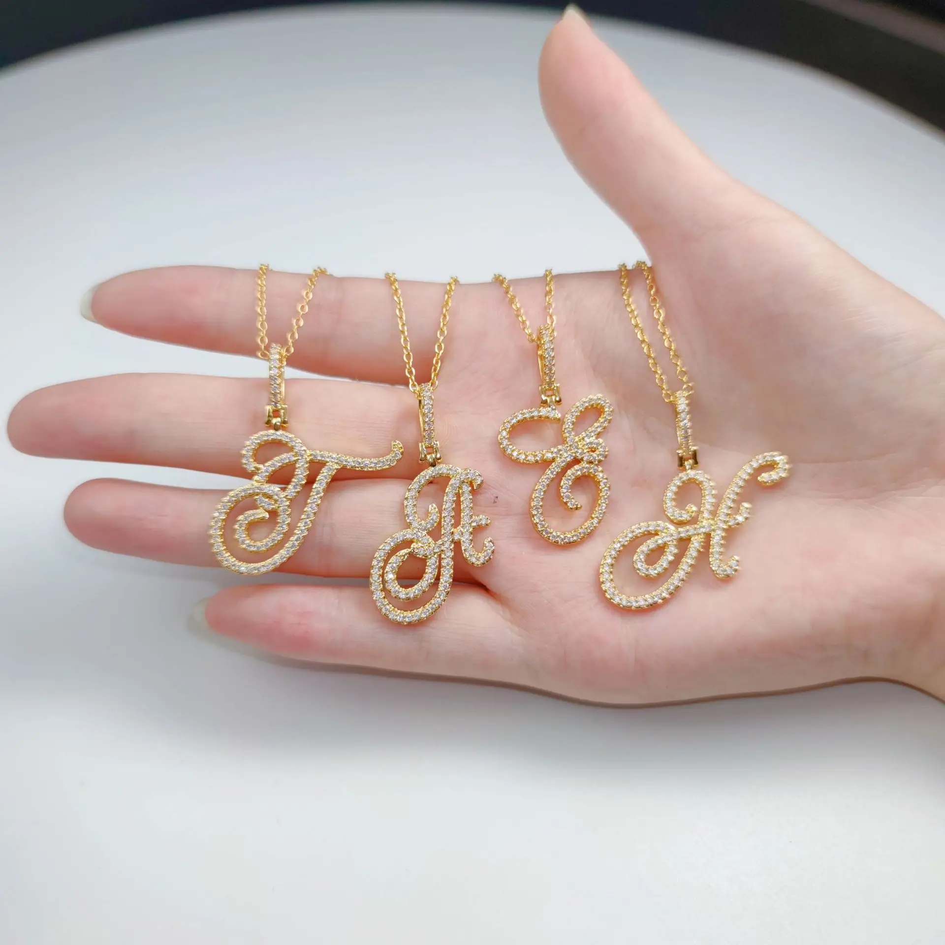 Stainless Steel Chain Copper Initial Necklace Women Men Iced Out Cubic Zirconia Cursive Letter Pendant Gold Silver Color Jewelry