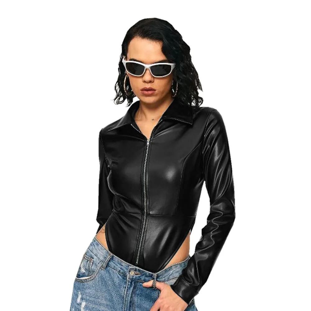 Women's PU Matte Leather Zipper Slim Fit Bodysuit, Sexy Streetwear, Turn-down Collar, High Cut Shirt Rompers, Clubwear, Lady