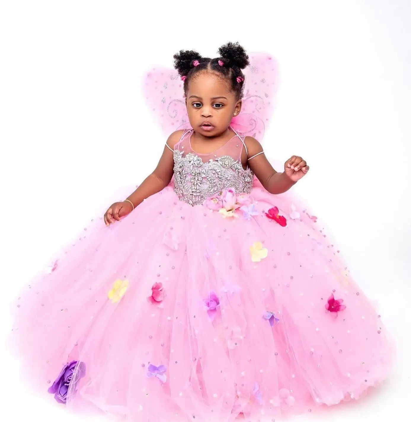 Luxury Pink Flower Girl Dresses Pearls Hand Made Flowers Lace Beaded Princess Queen Ball Gowns Girls Birthday Dress For Wedding