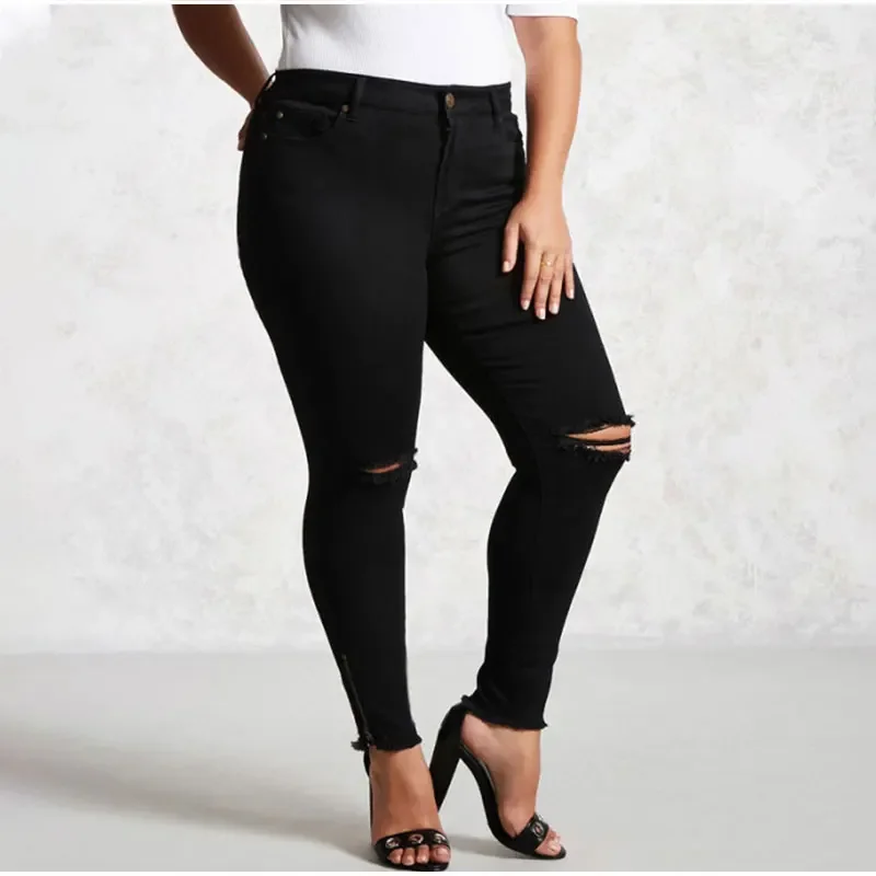 Pantalones vaqueros de talla grande de cintura alta, sexys, rasgados, ajustados, elásticos, color negro, 7XL, ceñido al cuerpo, con agujeros para