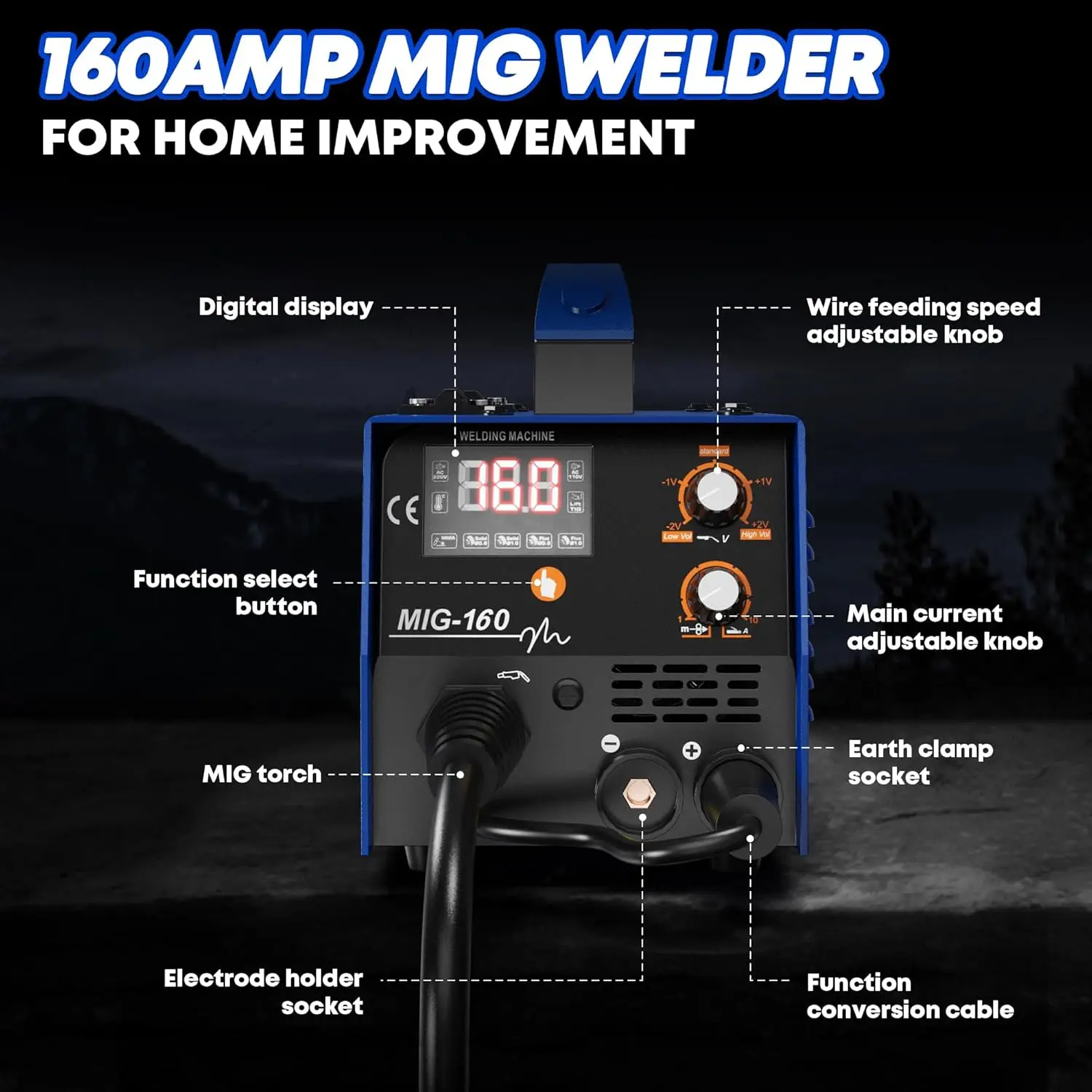 160A MIG Welder, 4-in-1 Flux Core/Solid Wire/Lift TIG/Stick Welder, 110V Gas/Gasless Welder Machine for Home,Yard,Workshop, Farm