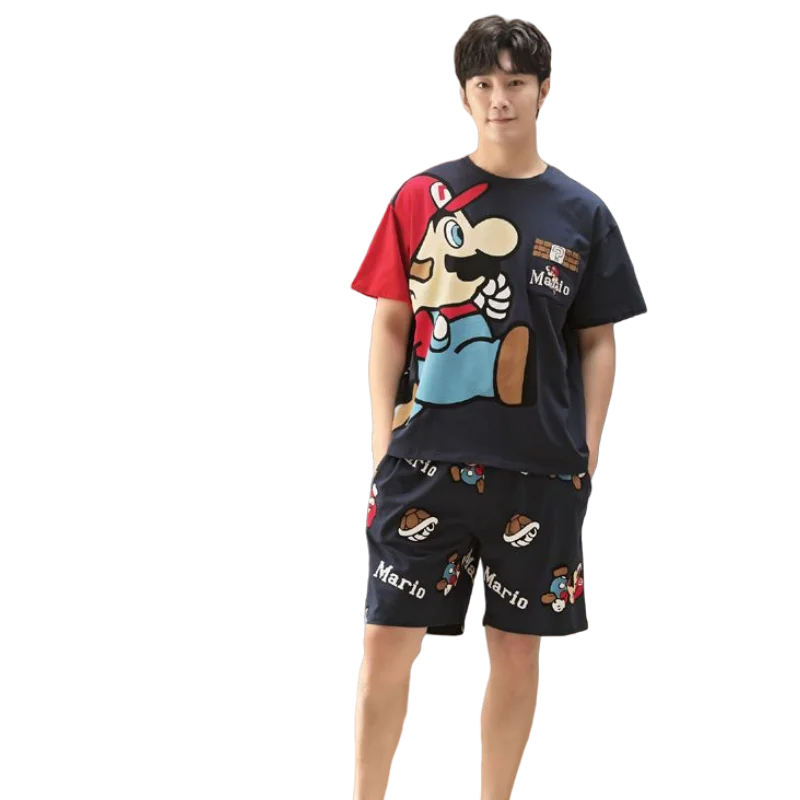 Super Mario Bros. Conjunto de pijama de manga curta masculino, desenho animado fofo, seção fina de algodão, personalidade criativa jovem, tamanho grande, verão