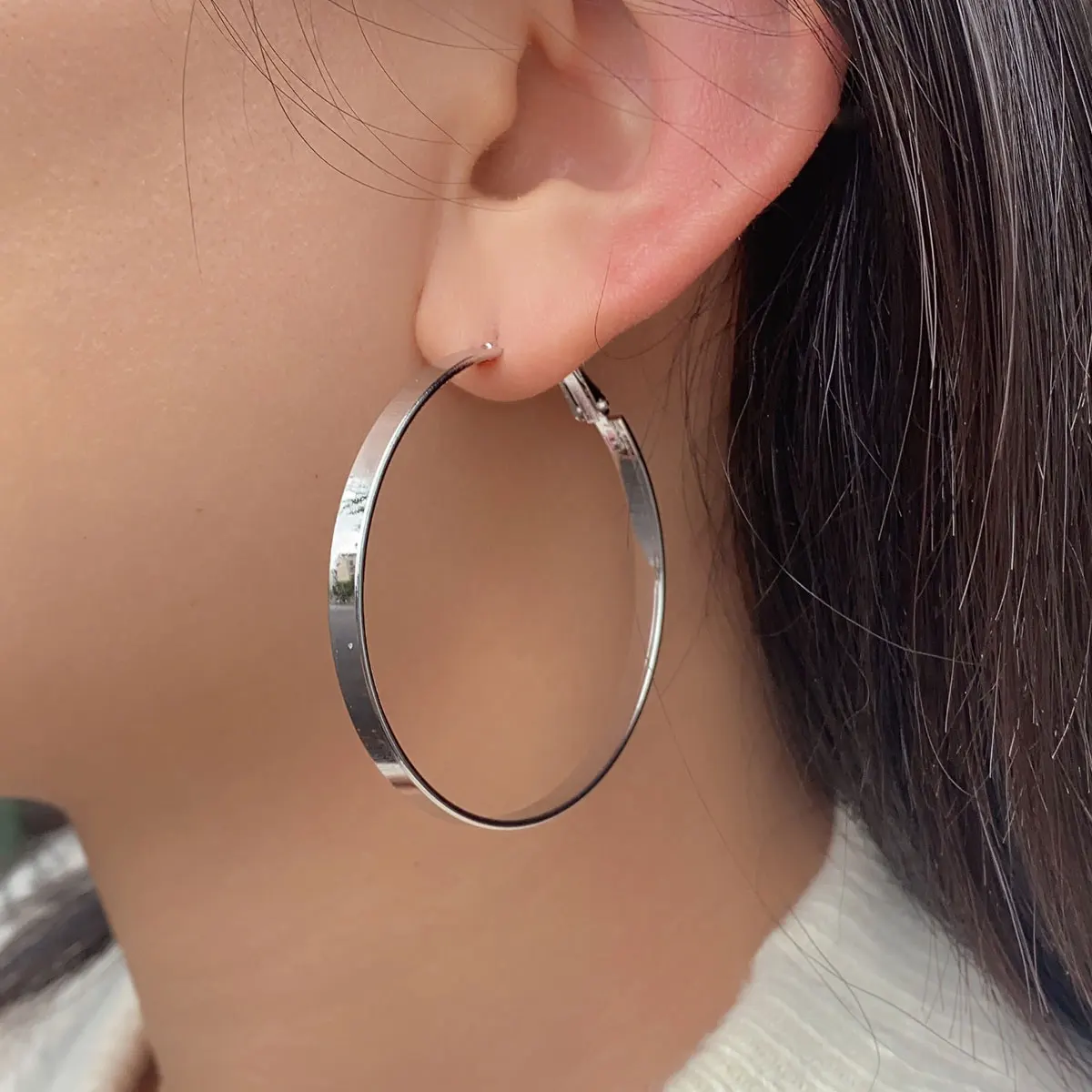 Fashion Silver Color Large Flat Hoop Earrings Geometric Metal Small Circle Earrings for Women Men Punk Statement Jewelry Gift