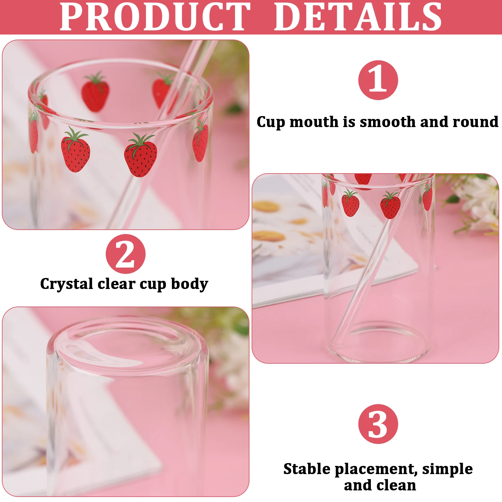 300ml Strawberry Cute Glass Cup With Straw Creative Transparent Water Cup Student Milk Heat Resistant Glass Nana