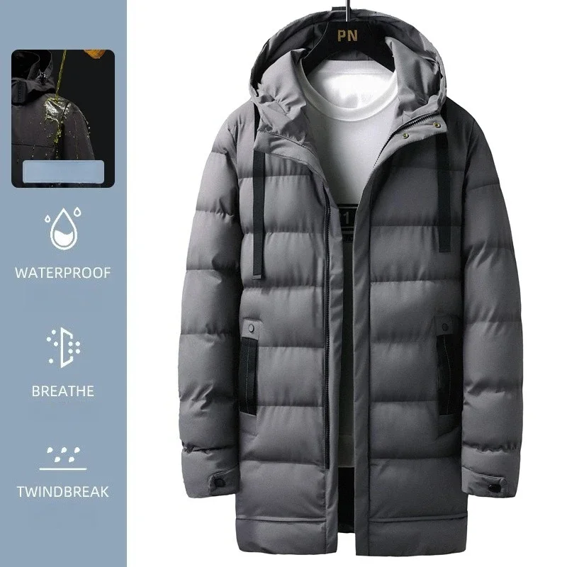 Men Mid Length Hooded Padded Coat Winter Teenagers Warm Cotton Jacket Windproof Waterproof Casual Thick Men Outerwear
