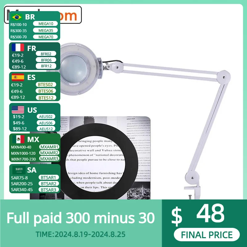 5/8/10X Magnifying Light Lamp Tattoo Nail Beauty Dentist Magnifier Lamp Cold Light LED Clip Desk Lamp 127mm Glass Lens Hand Free