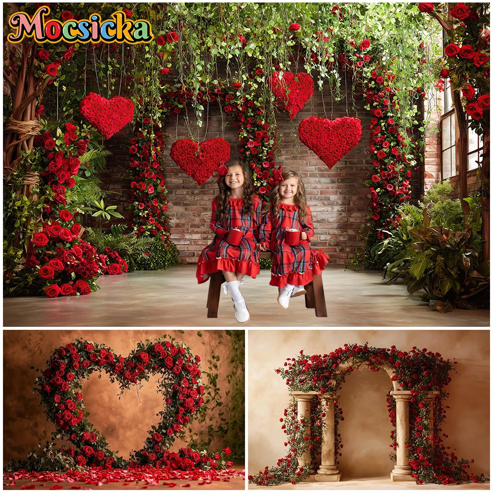 

Mocsicka Romantic Red Rose Love Photography Backdrop Valentine Day Wallpaper Wedding Decorations Girl Birthday Background Banner
