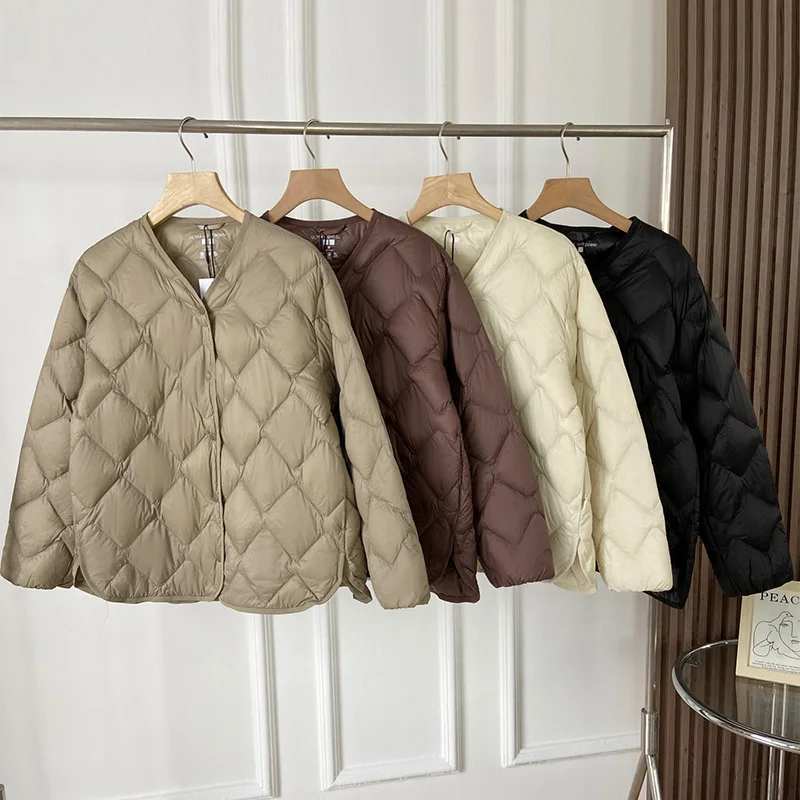 2023 New Autumn Winter Ultra Light Collarless Soft Puffer Jacket Women Casual Loose Single Breasted 90% Duck Down Coat female