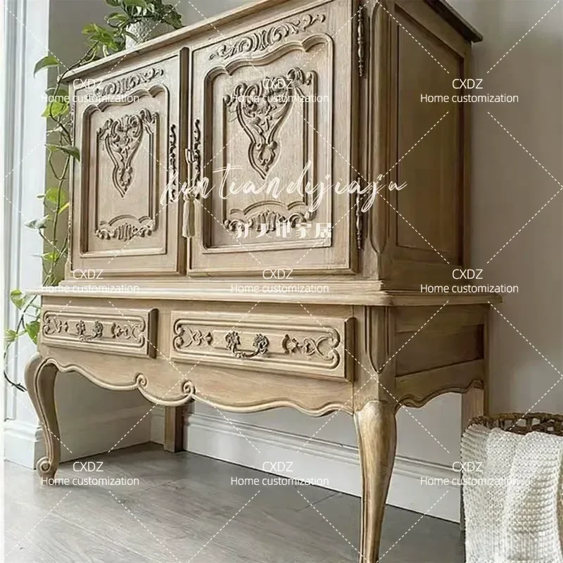 Retro Solid Wood Carved Flower Dining Side Cabinet Storage Unit for Villa Living Room Wall Decoration Console Table