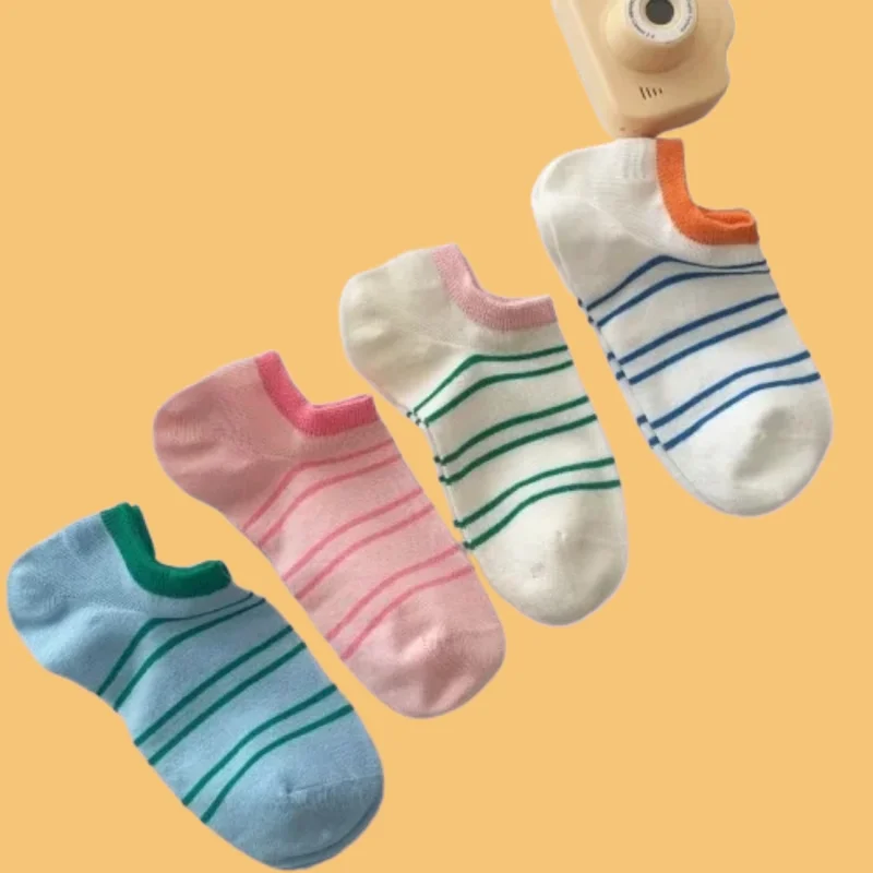 Chaussettes courtes invisibles coordonnantes pour femme, ensemble de rinçage des pieds, chaussettes bateau respirantes, rayures, mode estivale, nouveau, 2024, 5 paires