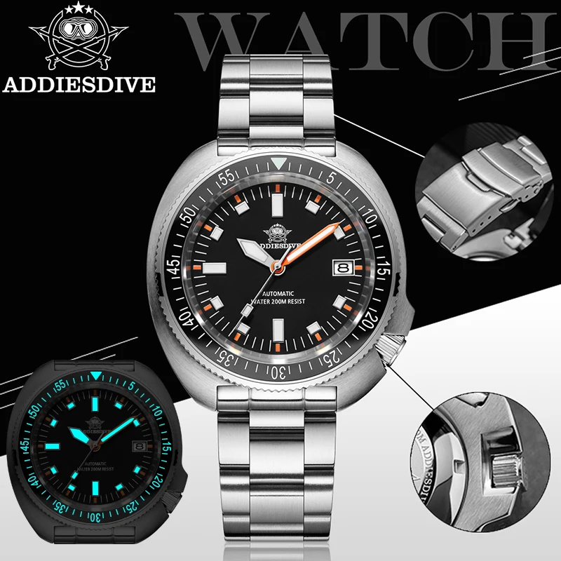 ADDIESDIVE Sapphire Glass Black Ceramic Bezel Automatic Mechanical Watches 200m Waterproof Luminous NH35 Men's Dive Watch AD2081