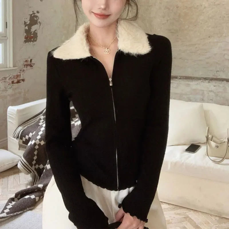 

Autumn Winter Polo-Neck Cardigan Fashion Zipper Korean Spliced Women's Clothing Slim Commute Contrasting Colors Knitted Sweaters