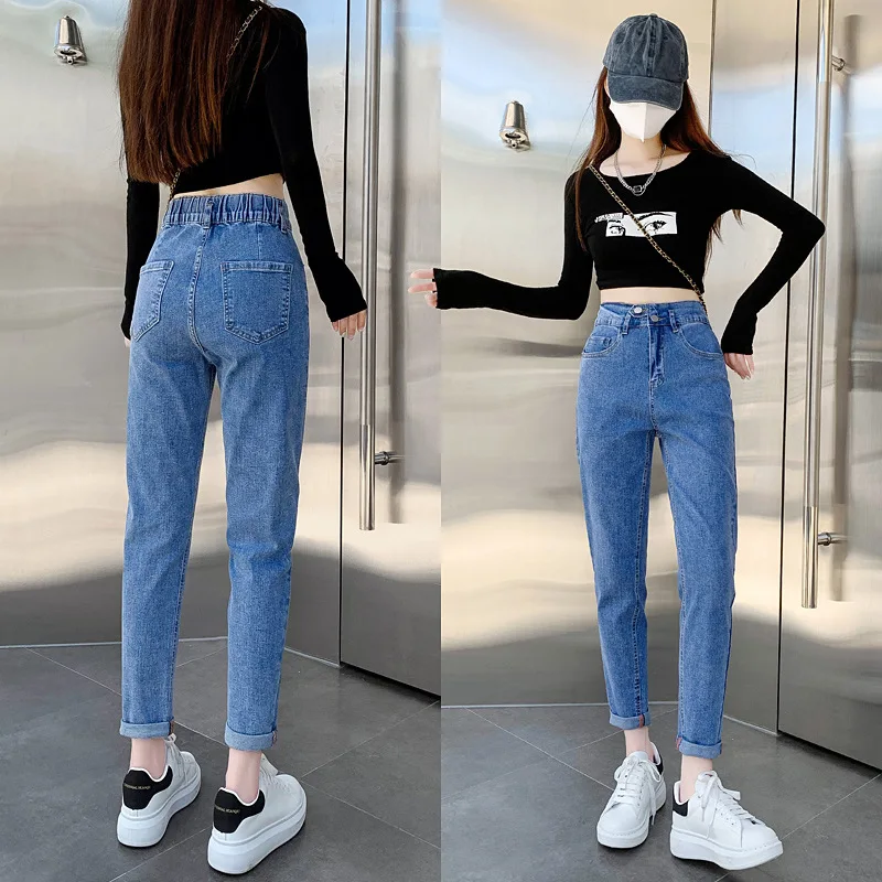 Double Buckle High-waisted Stretch Jeans, Women's Spring and Fall Fashion Straight-leg Haren Pants, Casual Elastic-waisted Jeans